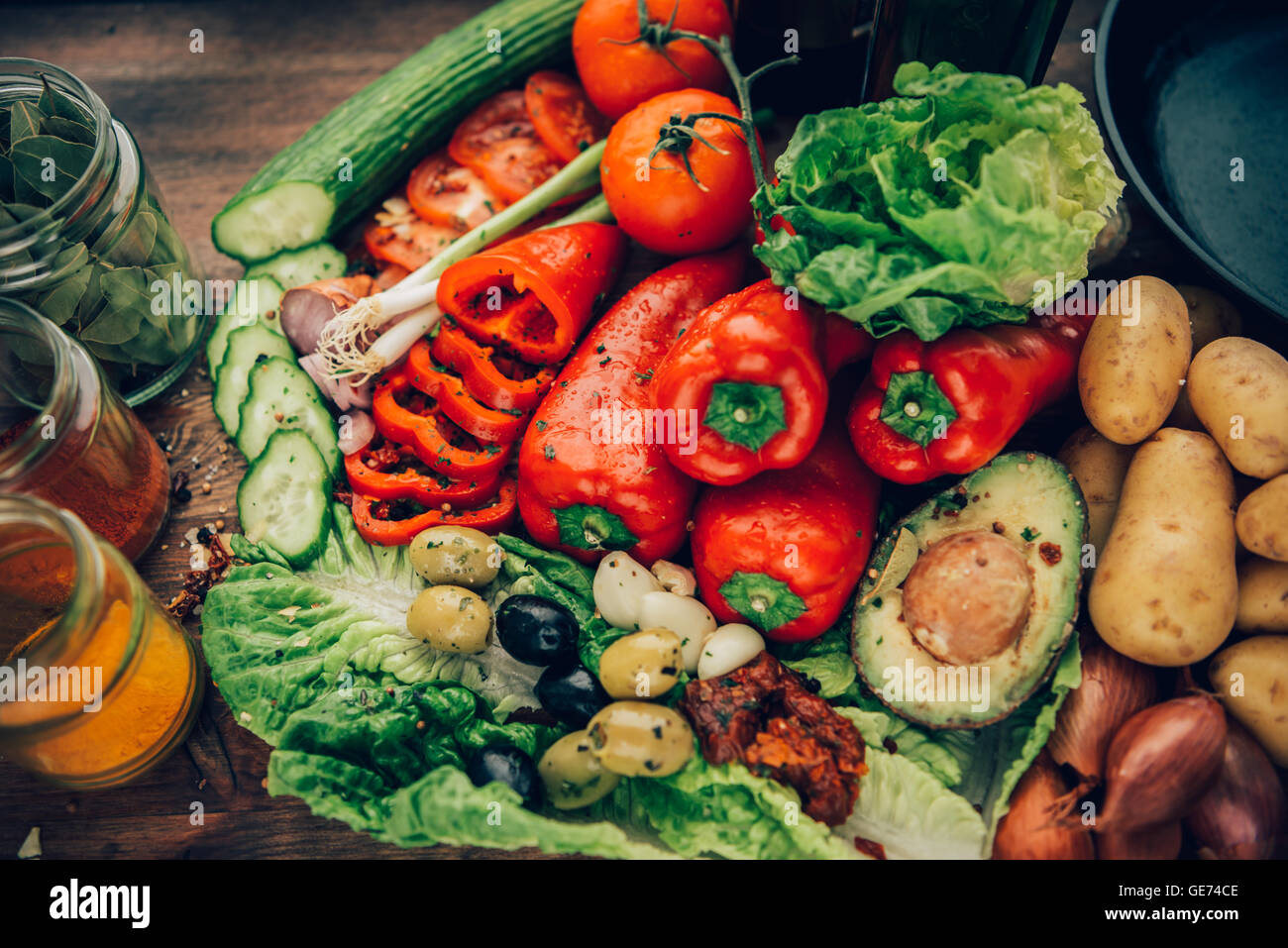 Beauty shots of food on a rustic setting. Stock Photo
