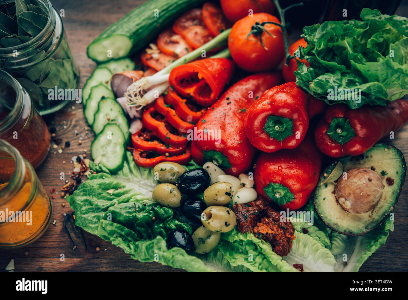 Beauty shots of food on a rustic setting. Stock Photo