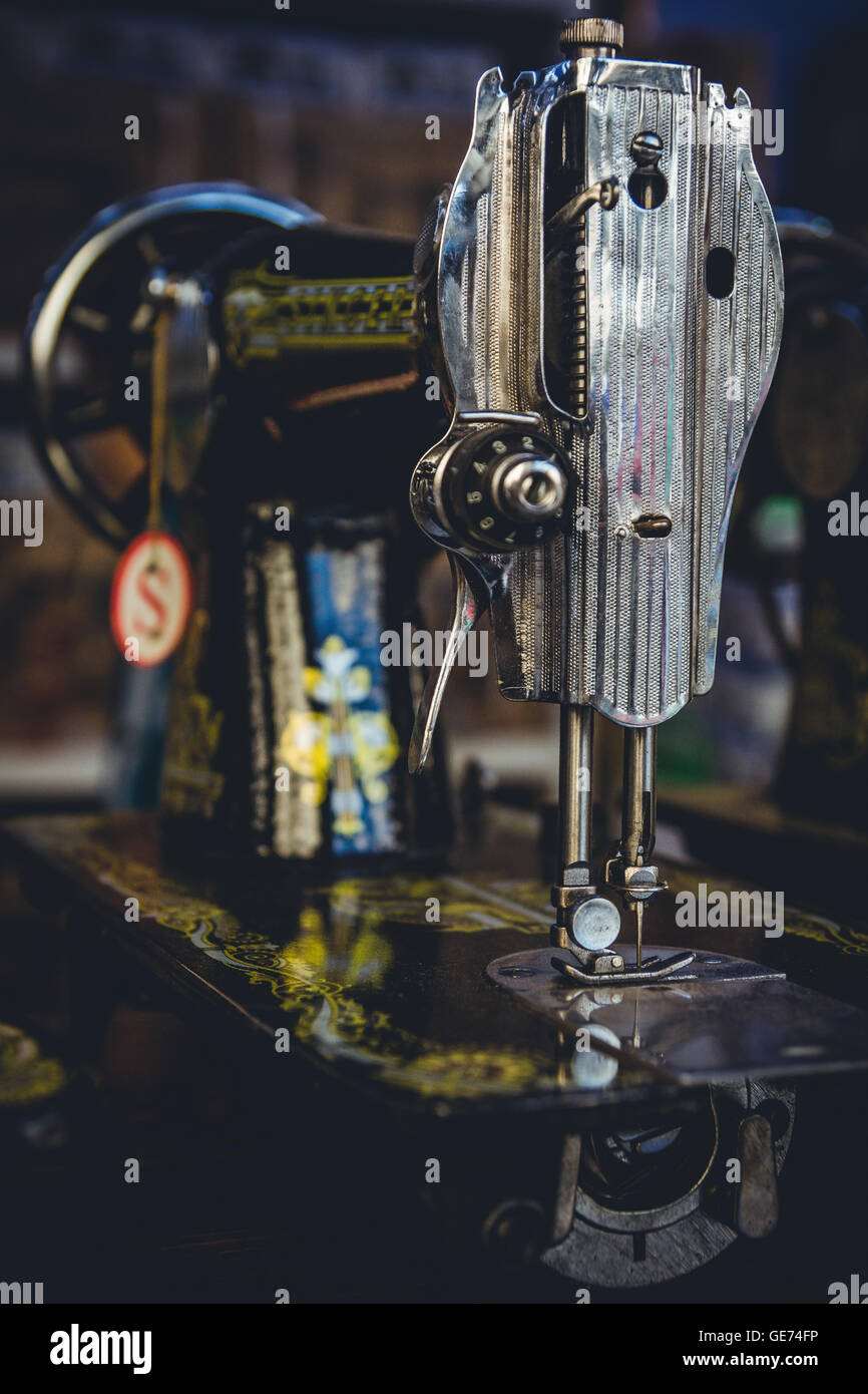 Heavy duty vintage Singer sewing machines for sale as seen in a shop in Yangon, Myanmar. Stock Photo