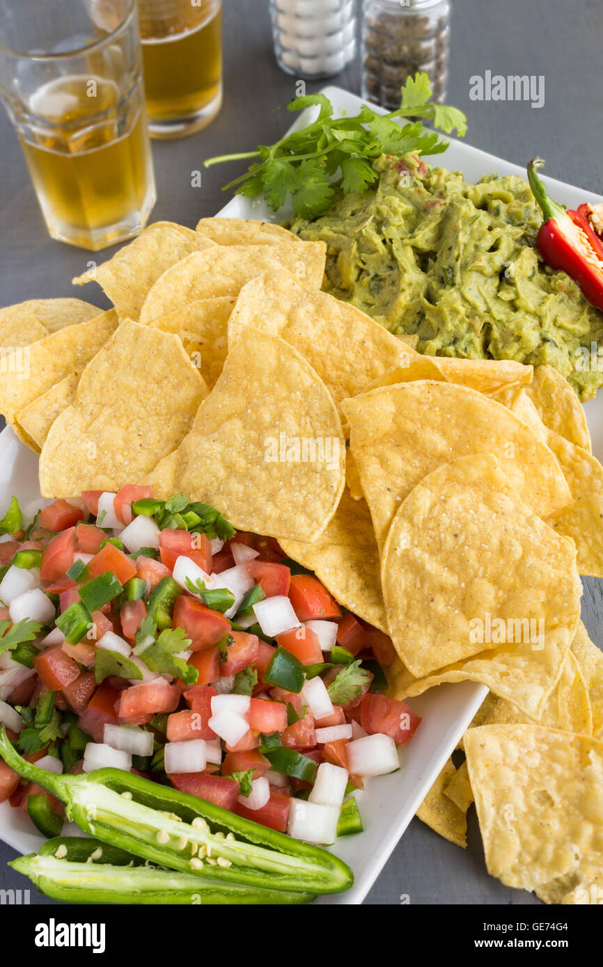 Platter of guacamole, pico de gallo and tortilla chips Stock Photo Alamy