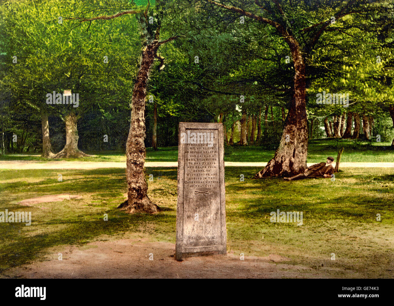 The Rufus Stone, Winchester, England, which marks the spot where King William II allegedly was killed by an arrow.  Rufus Stone, New Forest, Winchester, England  circa 1900 Stock Photo