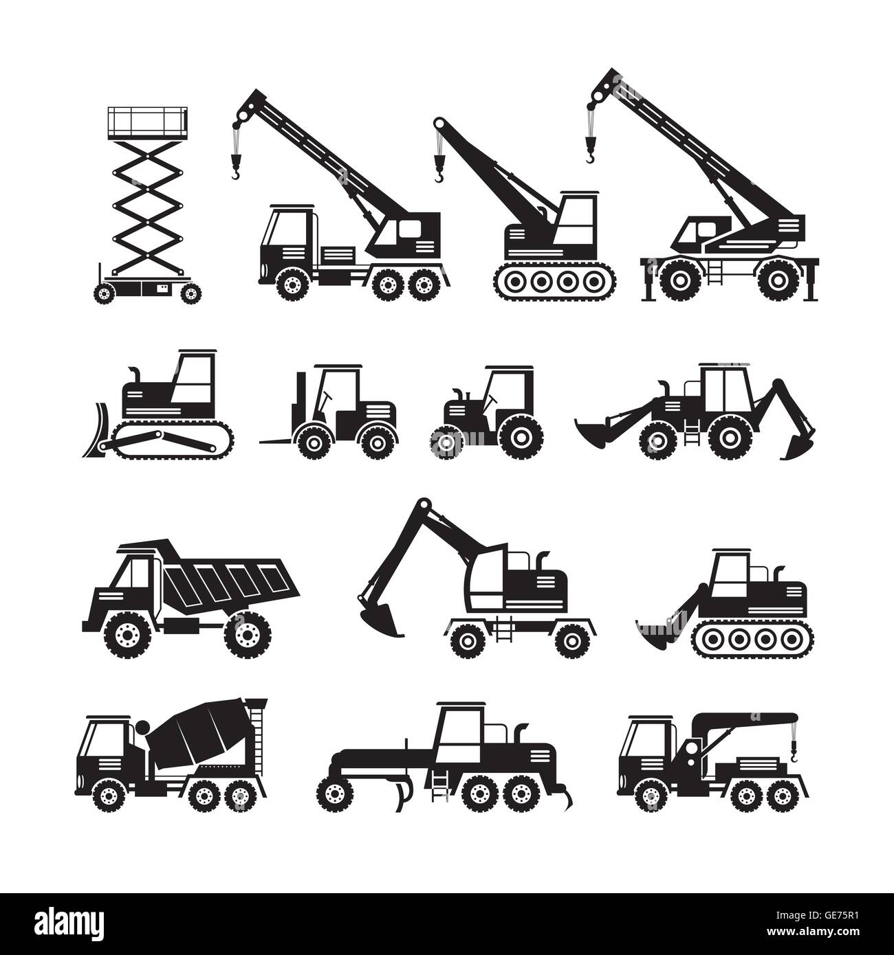Construction Vehicles Objects Silhouette Set, Side View, Heavy Equipment, Machinery, Engineering Stock Vector