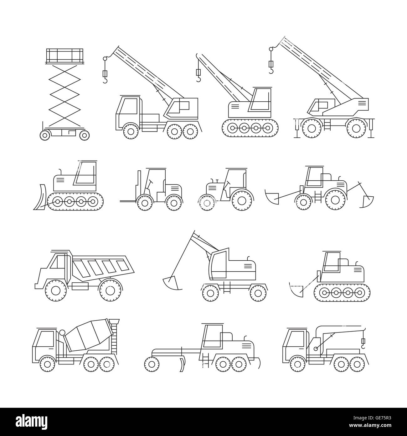 Construction Vehicles Objects Line Set, Side View, Heavy Equipment, Machinery, Engineering Stock Vector