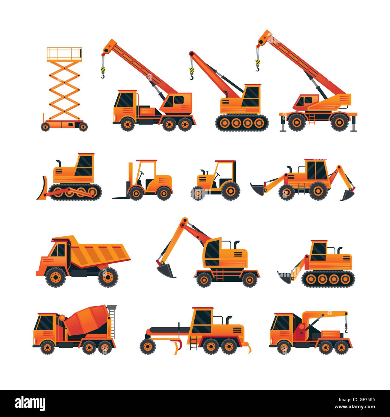 Construction Vehicles Objects Orange Set, Side View, Heavy Equipment, Machinery, Engineering Stock Vector