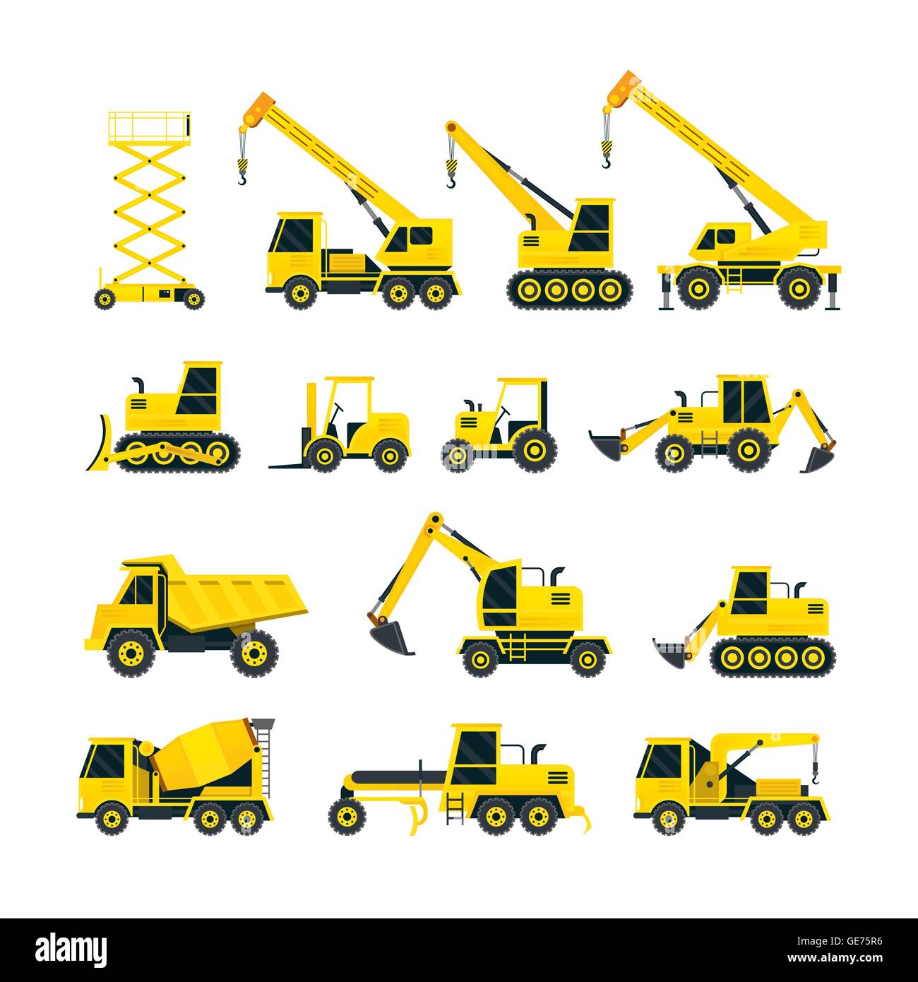 Construction Vehicles Objects Yellow Set, Side View, Heavy Equipment, Machinery, Engineering Stock Vector