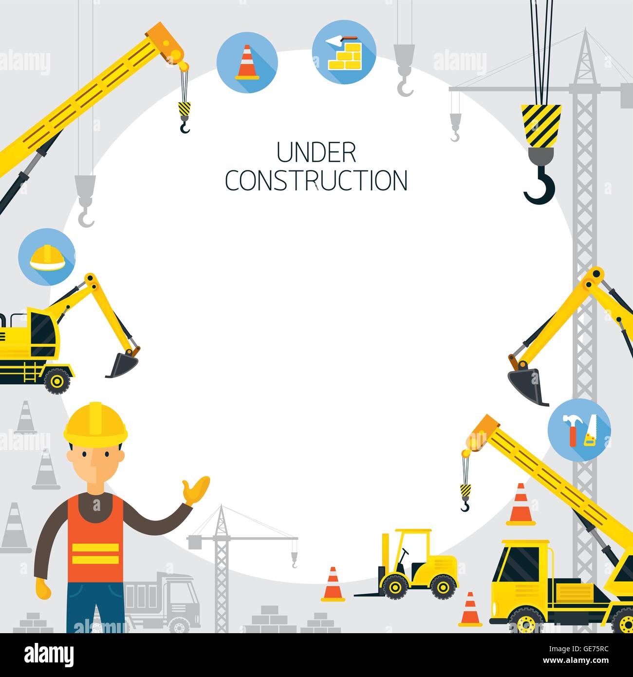 Under Construction Frame, Worker, Equipment, Vehicles Stock Vector