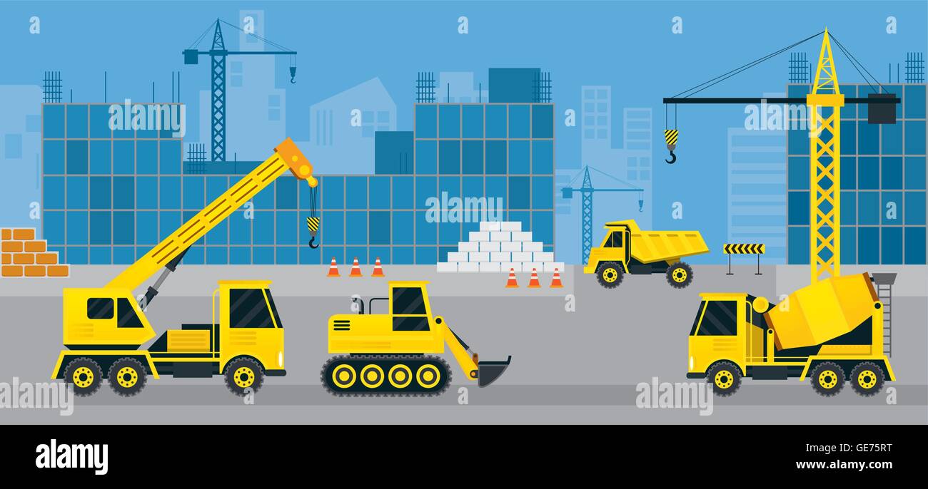 Construction Vehicles on Site, Background, Heavy Equipment, Machinery, Engineering Stock Vector