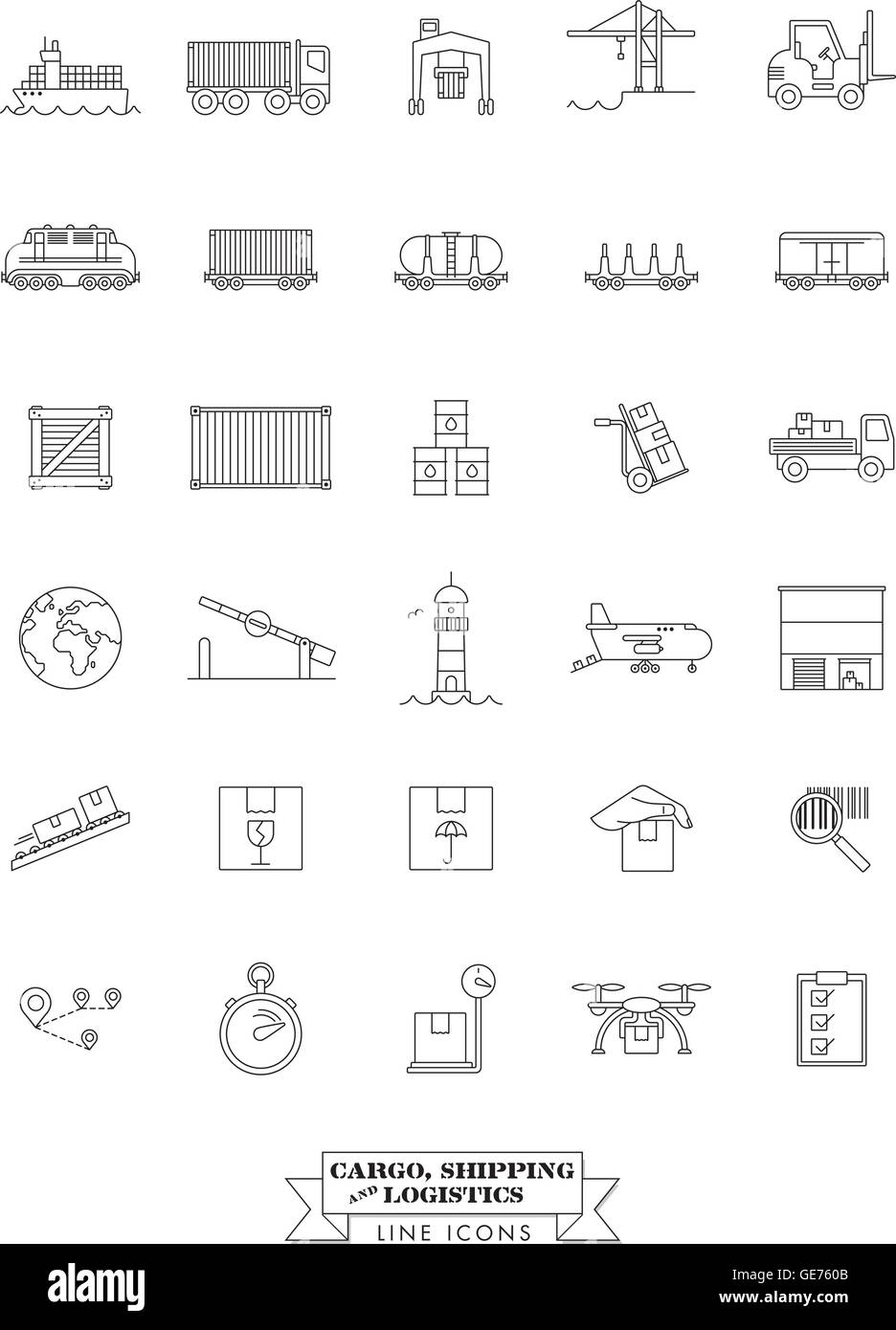 Collection of cargo, shipping, logistics and freight transport line icons Stock Vector