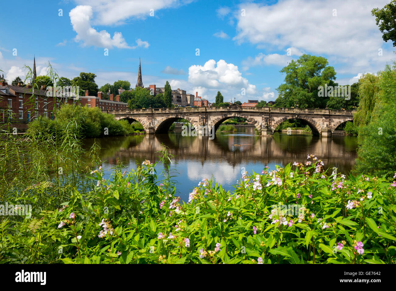 Summer sunshine on English Bridge over the River Severn in Shrewsbury, Shropshire, England, UK. Stock Photo