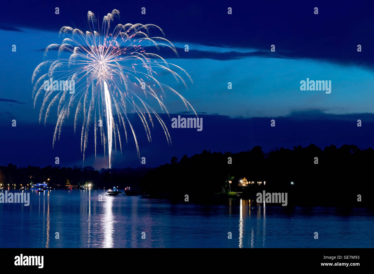 steamboat bay in east gull lake during fourth of july fireworks celebration over lake Stock Photo