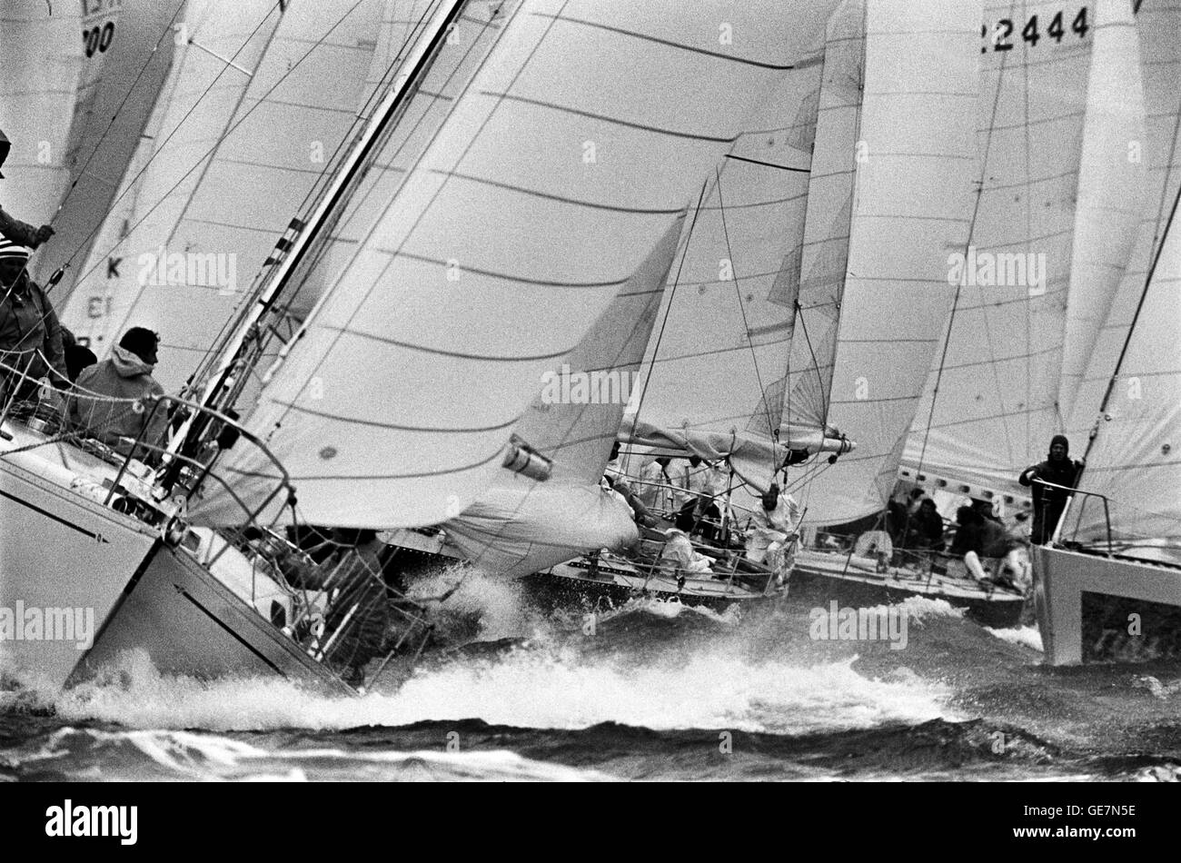 AJAXNETPHOTO. 1979. COWES, ENGLAND.  - ADMIRAL'S CUP - MASSED FLEET START OF THE FIRST INSHORE RACE ON THE ROYAL YACHT SQUADRON LINE IN WINDY CONDITIONS. PHOTO : JONATHAN EASTLAND / AJAX REF:2 1979 Stock Photo
