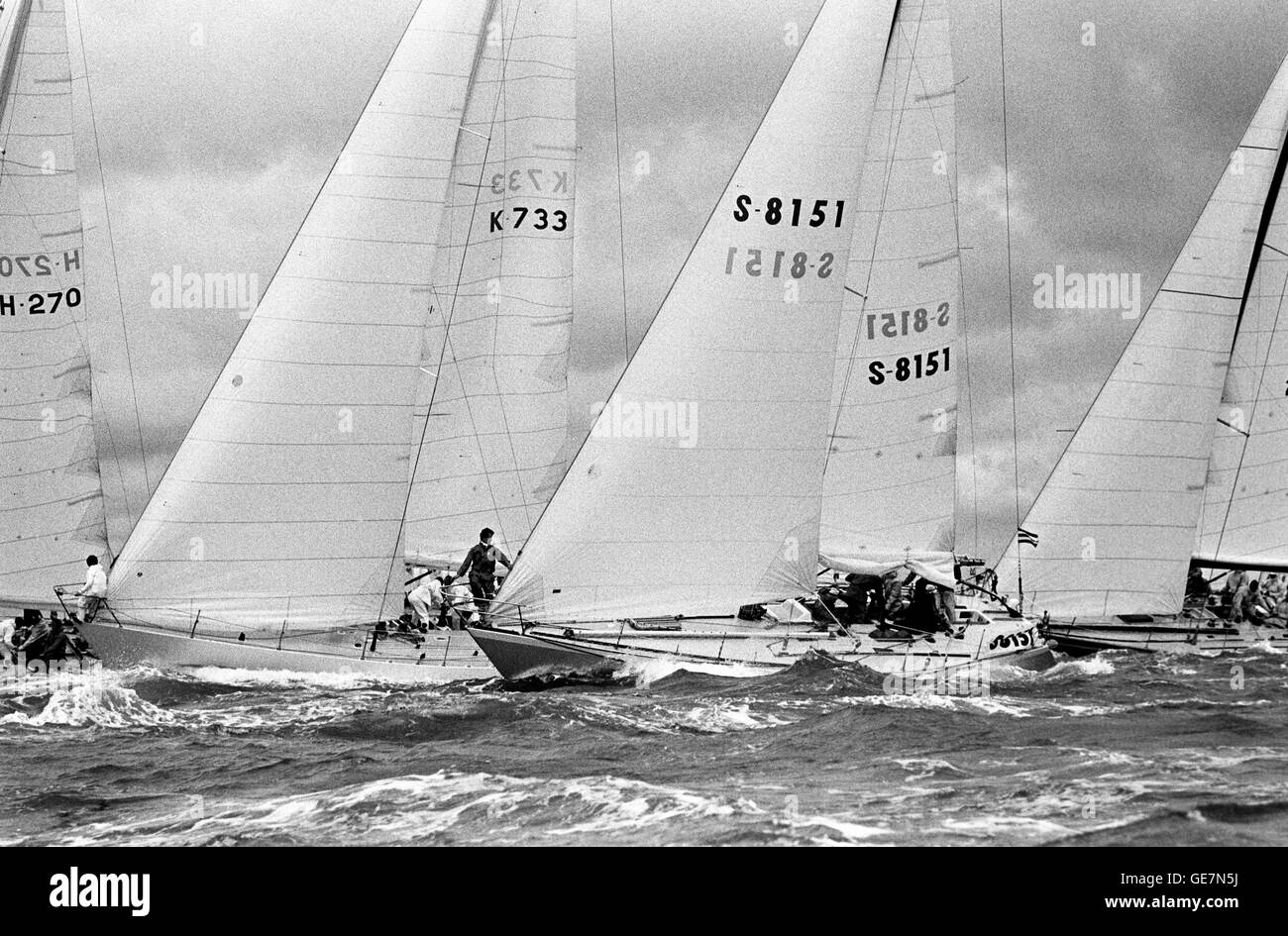 AJAXNETPHOTO. AUGUST, 1979. SOLENT, ENGLAND. - ADMIRAL'S CUP - START 2ND INSHORE RACE - (L-R) FORMIDABLE (NETH), BLIZZARD (GBR), BIG SHADOW (SW), ARIES (USA).  PHOTO:JONATHAN EASTLAND/AJAX REF:()YAR ADMIRALS CUP FLEET 1 1979 Stock Photo