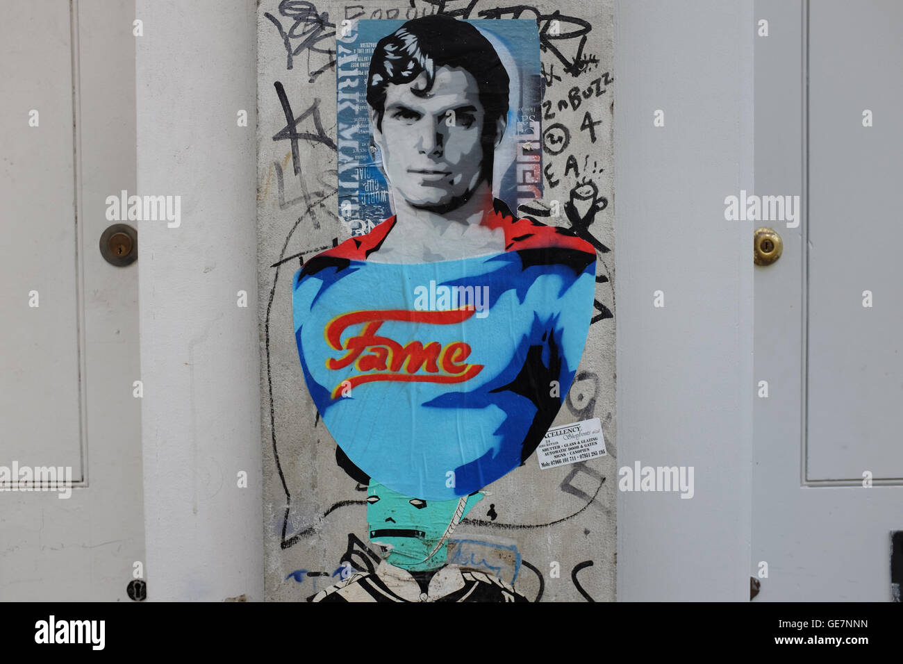 graffiti of superman with fame on his chest Stock Photo