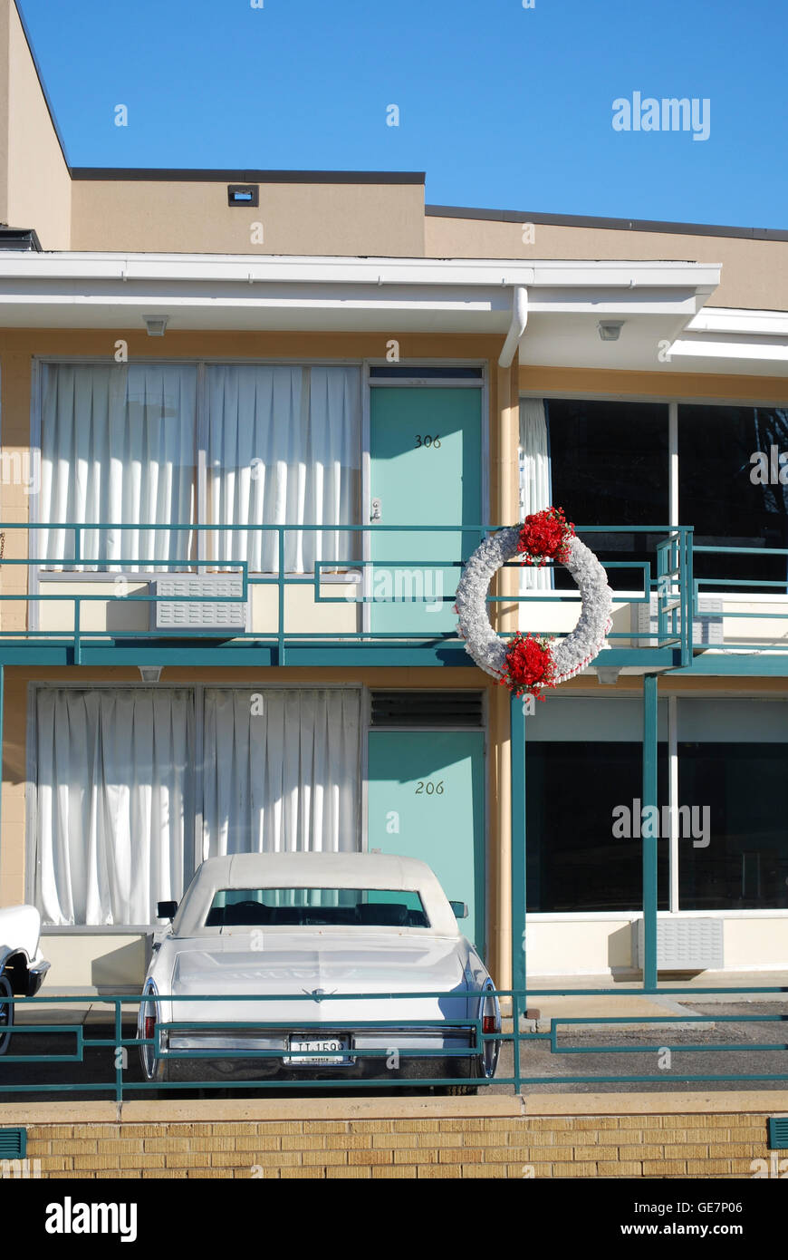 Cars parked below the wreath that marks the spot where Martin Luther