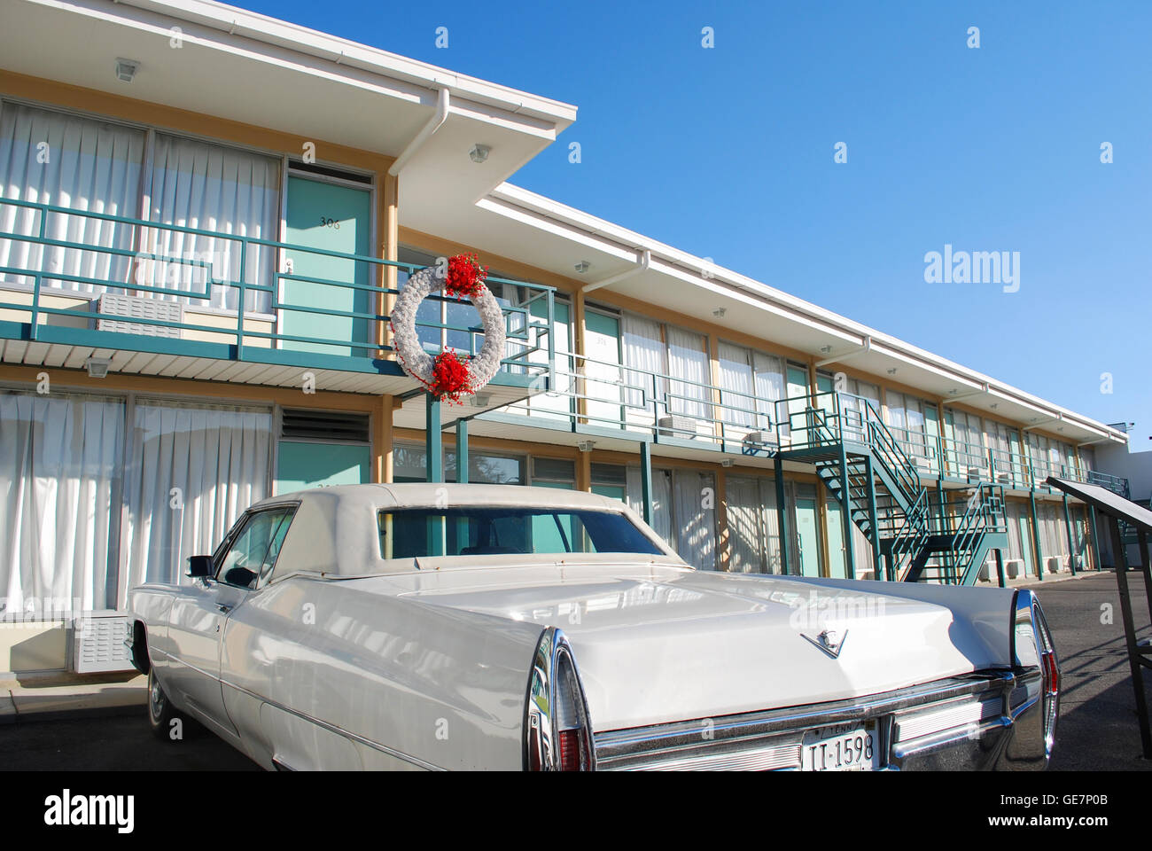 Cars parked below the wreath that marks the spot where Martin Luther King was shot and killed at the Lorraine Motel , Memphis. Stock Photo