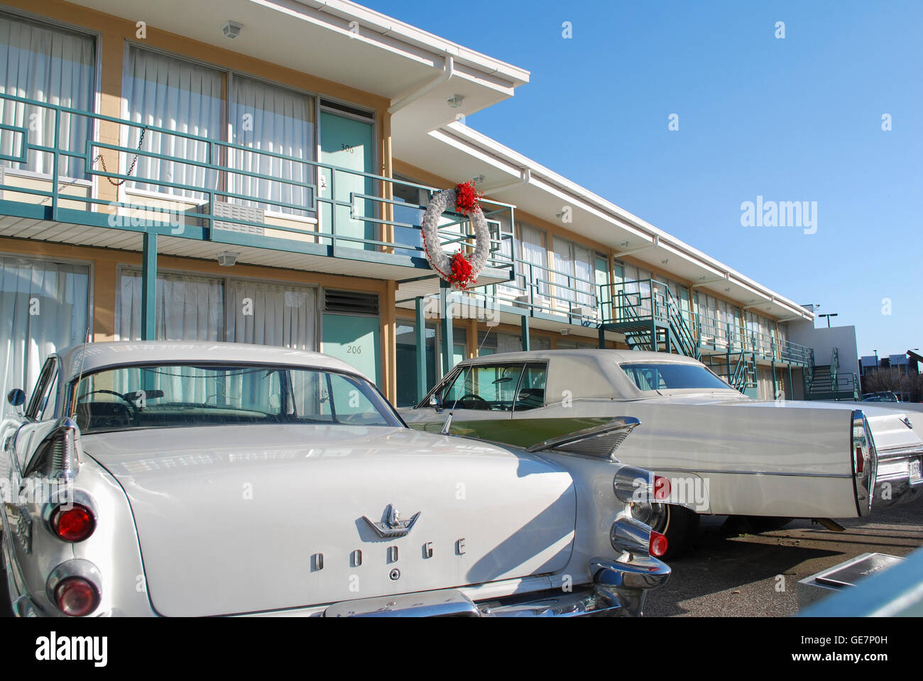 Cars parked below the wreath that marks the spot where Martin Luther King was shot and killed at the Lorraine Motel , Memphis. Stock Photo