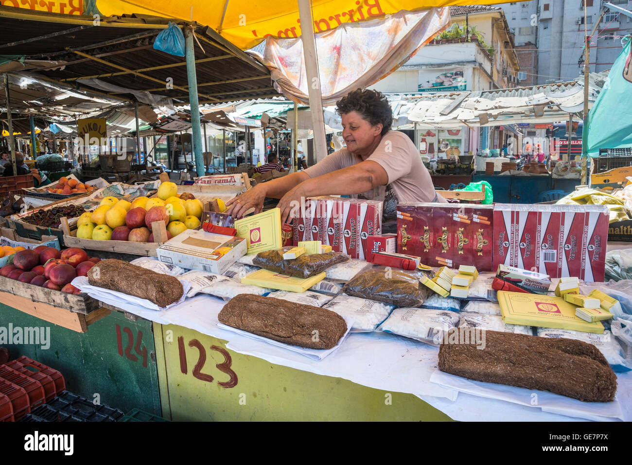 Stall selling tobacco and related products in the Pazari i Ri, central market, in Tirana, Albania, Stock Photo