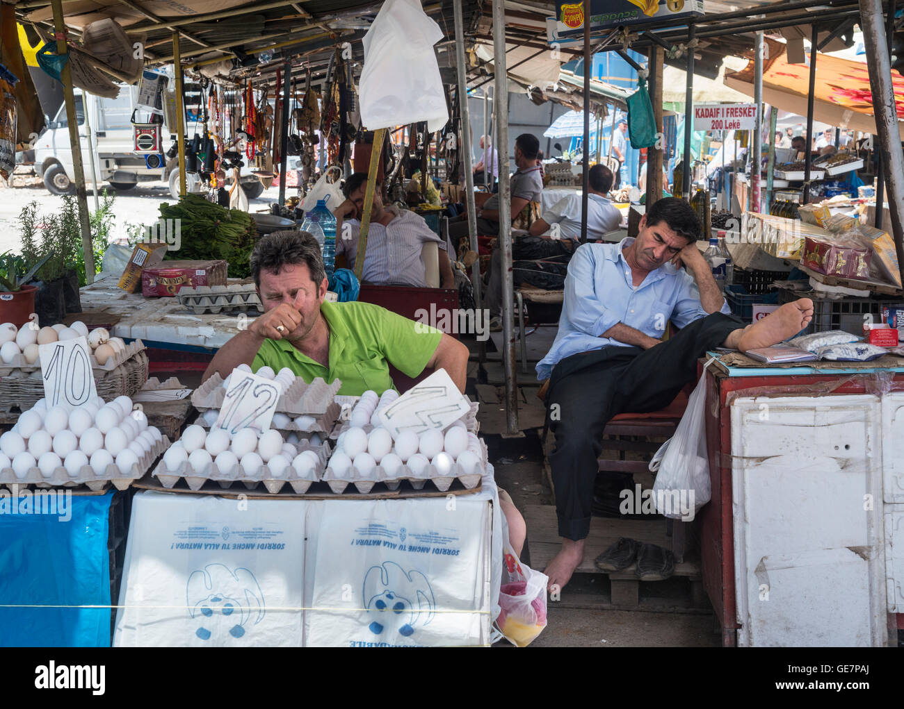 Market stalls in the Pazari i Ri, central market, in Tirana, Albania, Stock Photo