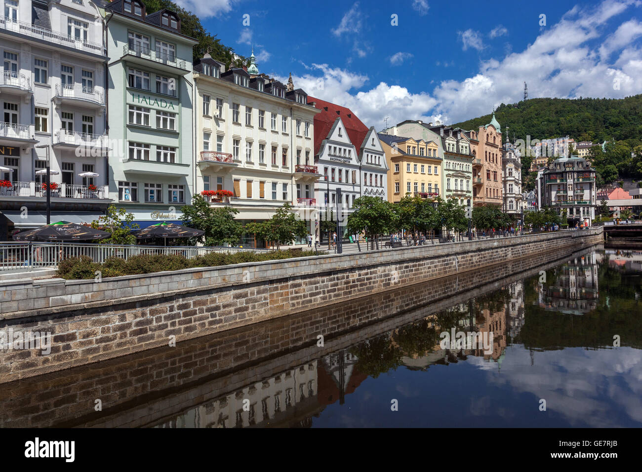 Riverside Walk with hotels and restaurants, Karlovy Vary Tepla river canal Czech Republic Stock Photo