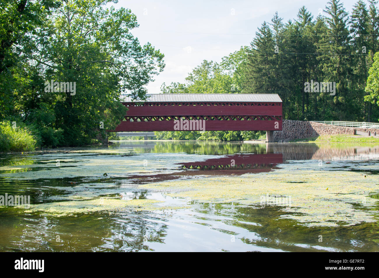 Sachs Bridge with Reflection on a River with Algae In Gettysburg, Pennsylvania Stock Photo