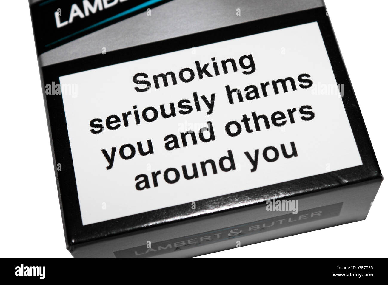 Cigarette packet health warning Stock Photo