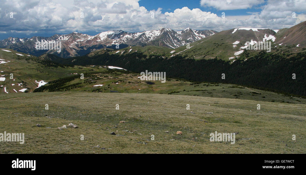 A panoramic view of the Rocky Mountains from Trail Ridge Road, taken in Rocky Mountain National Park, Colorado, USA. Stock Photo