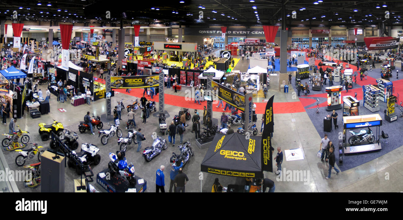 A panoramic view of the Progressive Motorcycle Show in Seattle