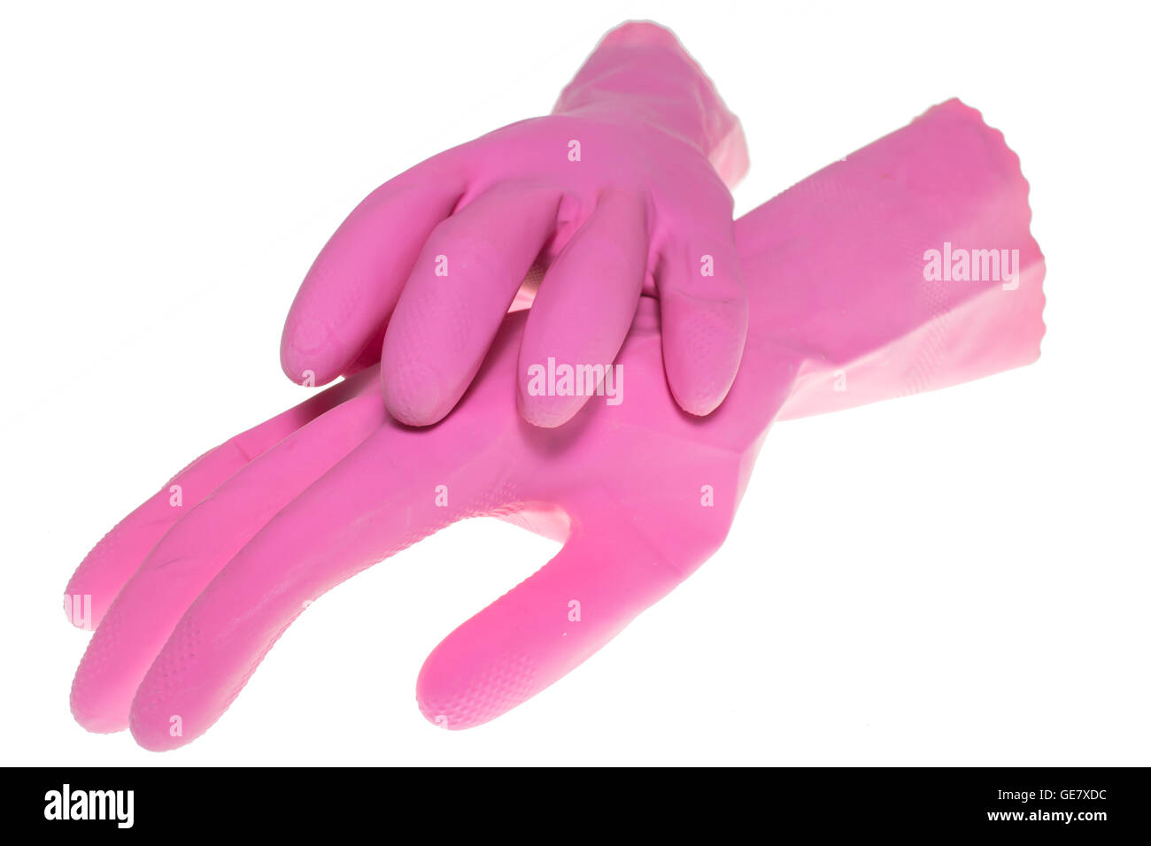 pink rubber gloves on white background Stock Photo