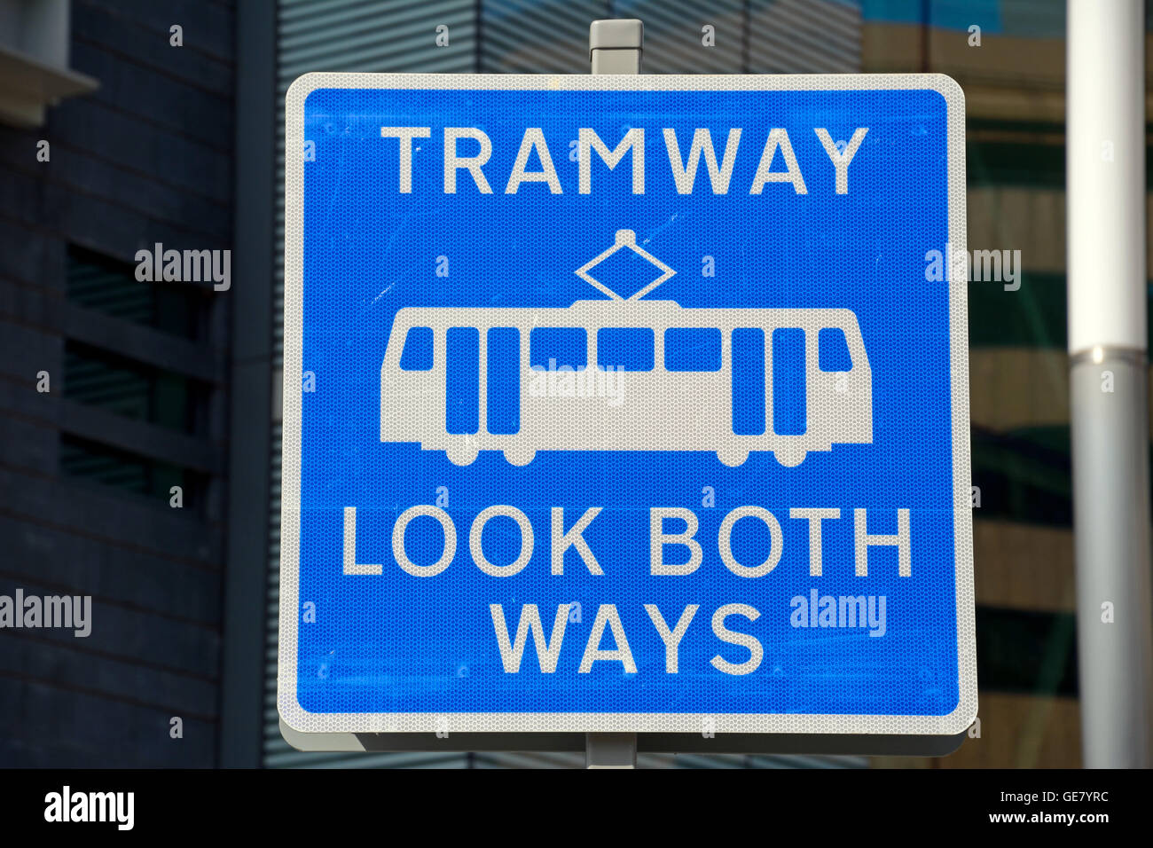 Blue Look Both Ways Tram sign, Birmingham, England, UK, Western Europe