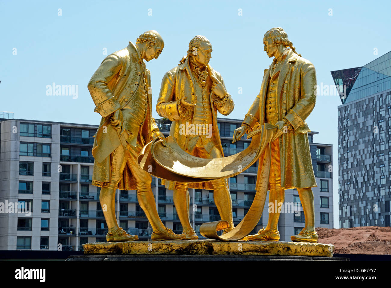 View of the golden Boulton, Watt and Murdoch statue in Centenary Square