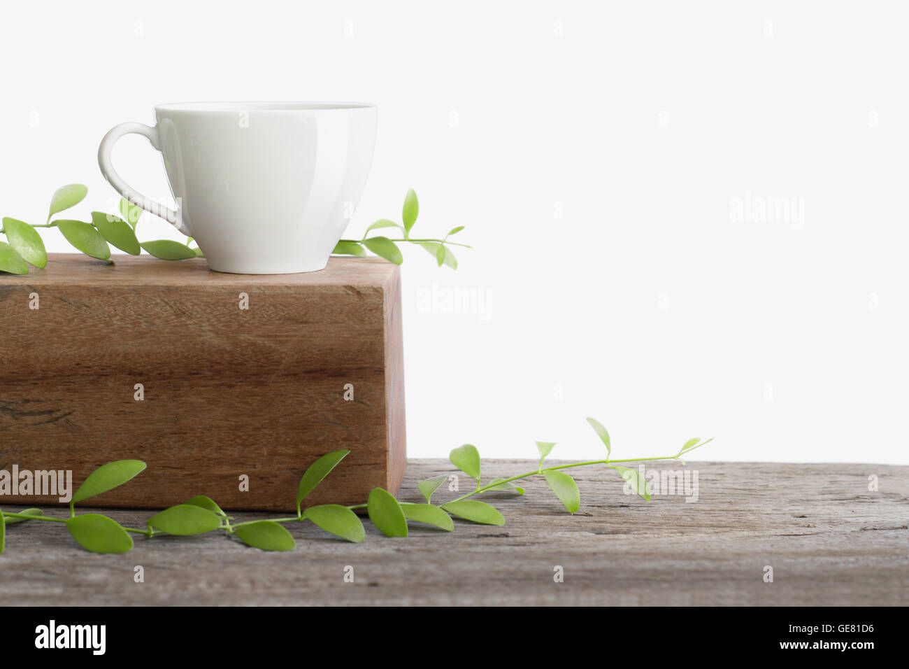 white cup coffee with small green leaves on wooden top table isolated bright background Stock Photo