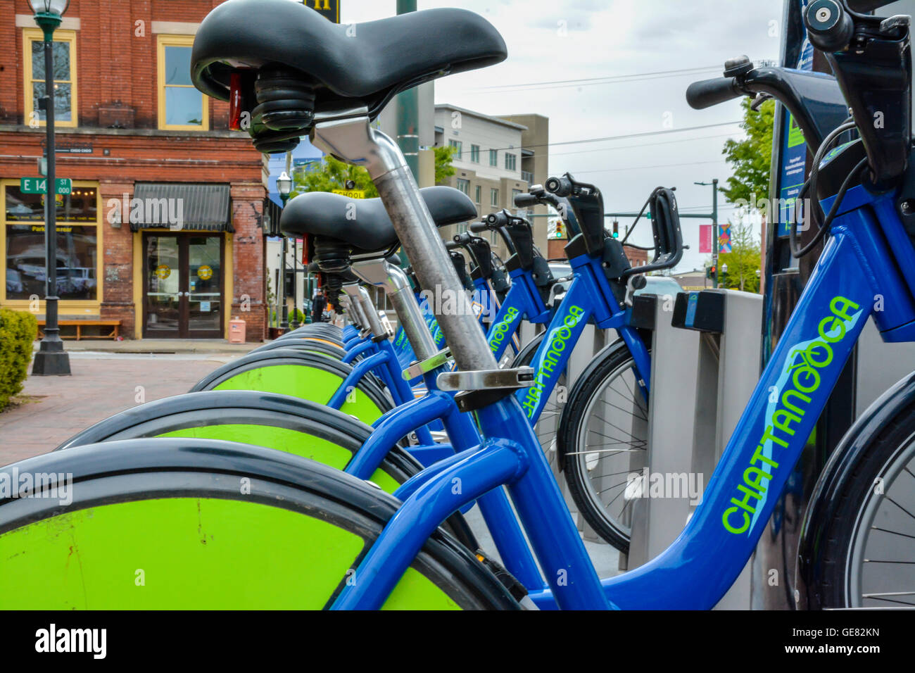 The Tennessee City of Chattanooga's Bicycle Transit System Station have distinctively colorful bikes for rent in the Southside Stock Photo