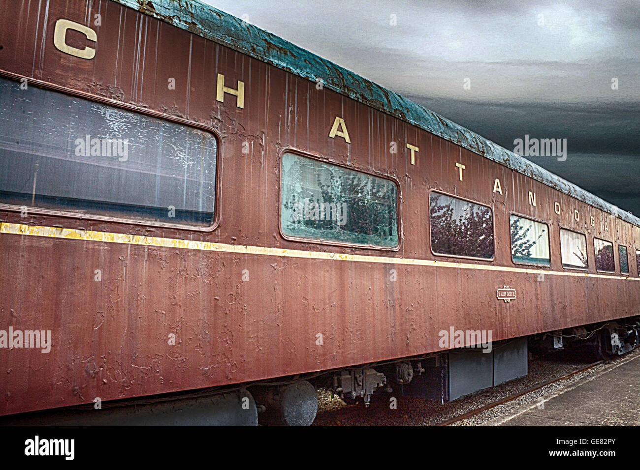 A vintage passenger train car converted to guests rooms, sits on the