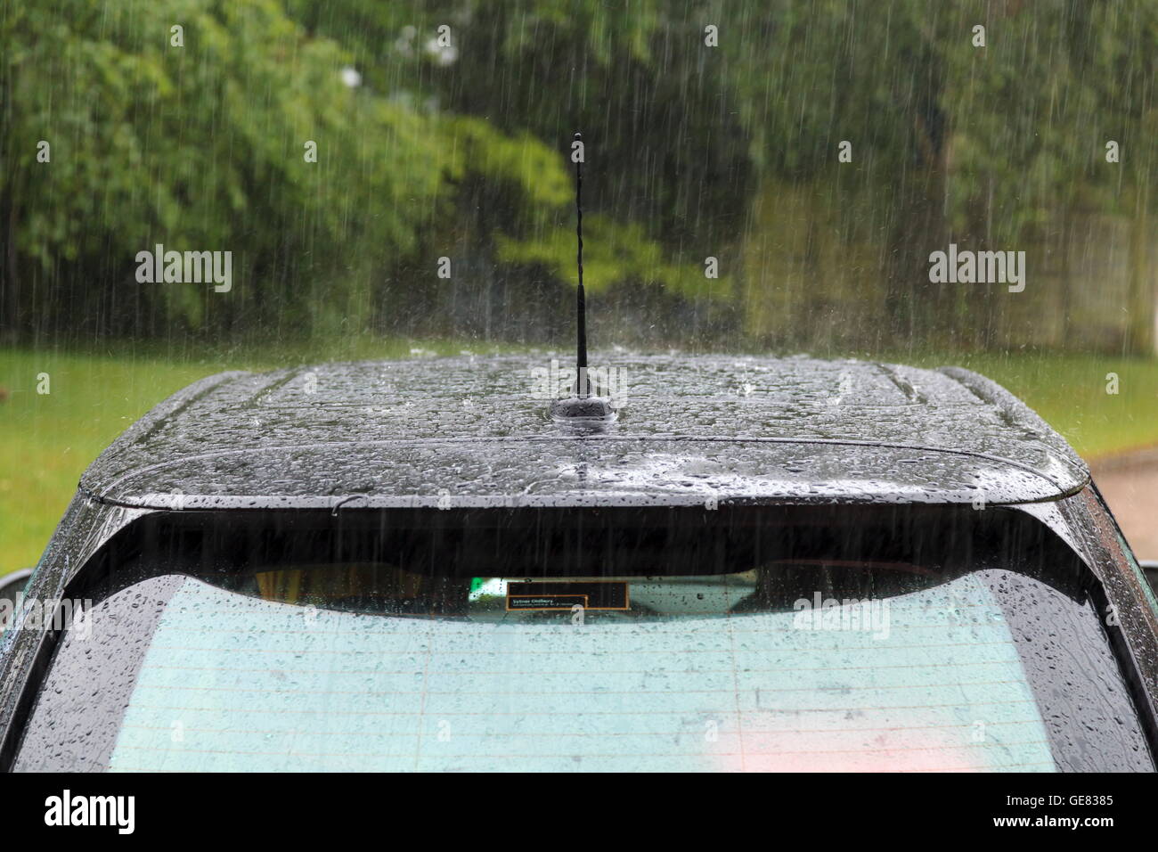Heavy rain falling on a car roof Stock Photo Alamy
