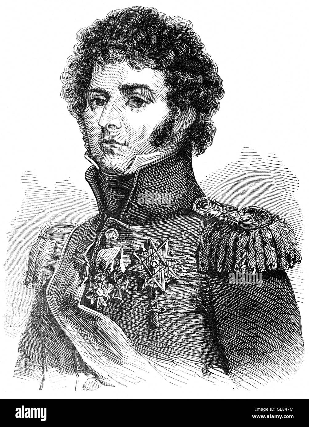 General Jean Bernadotte served a long career in the French Army. He was appointed as a Marshal of France by Napoleon I, though the two had a turbulent relationship. Napoleon made him Prince of Pontecorvo on 5 June 1806, but he stopped using that title in 1810 when his service to France ended and he was elected the heir-presumptive to the childless King Charles XIII of Sweden. Stock Photo