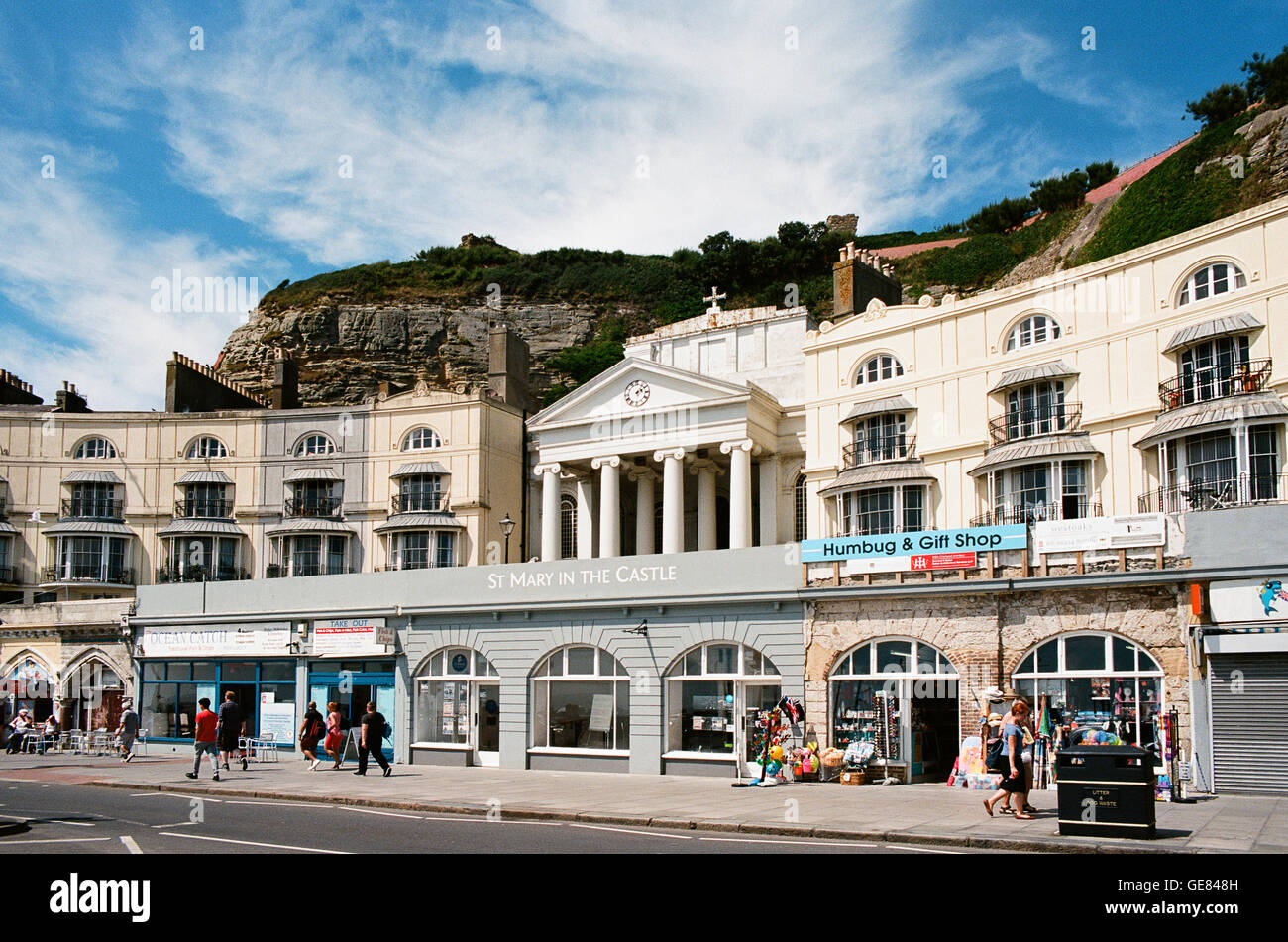 Pelham Crescent and St Mary in the Castle church, on Hastings seafront, East Sussex, UK Stock Photo
