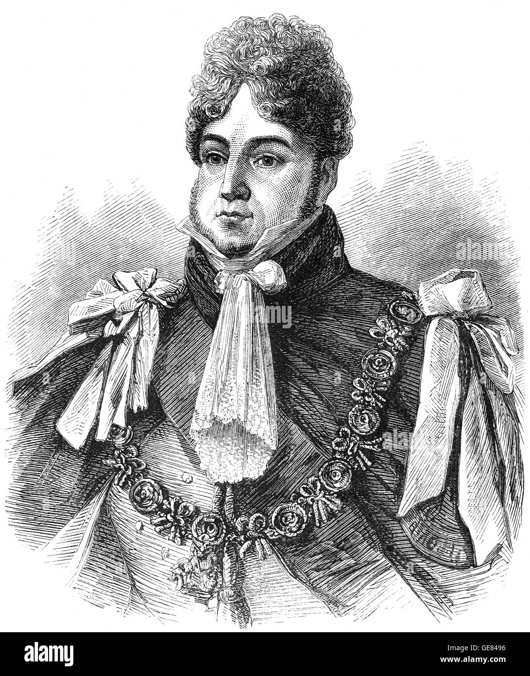 George Frederick, served as Prince Regent during his father's final mental illness. Following the death of his father, George III, on 29 January 1820.  he became King George IV until his own death ten years later. Stock Photo