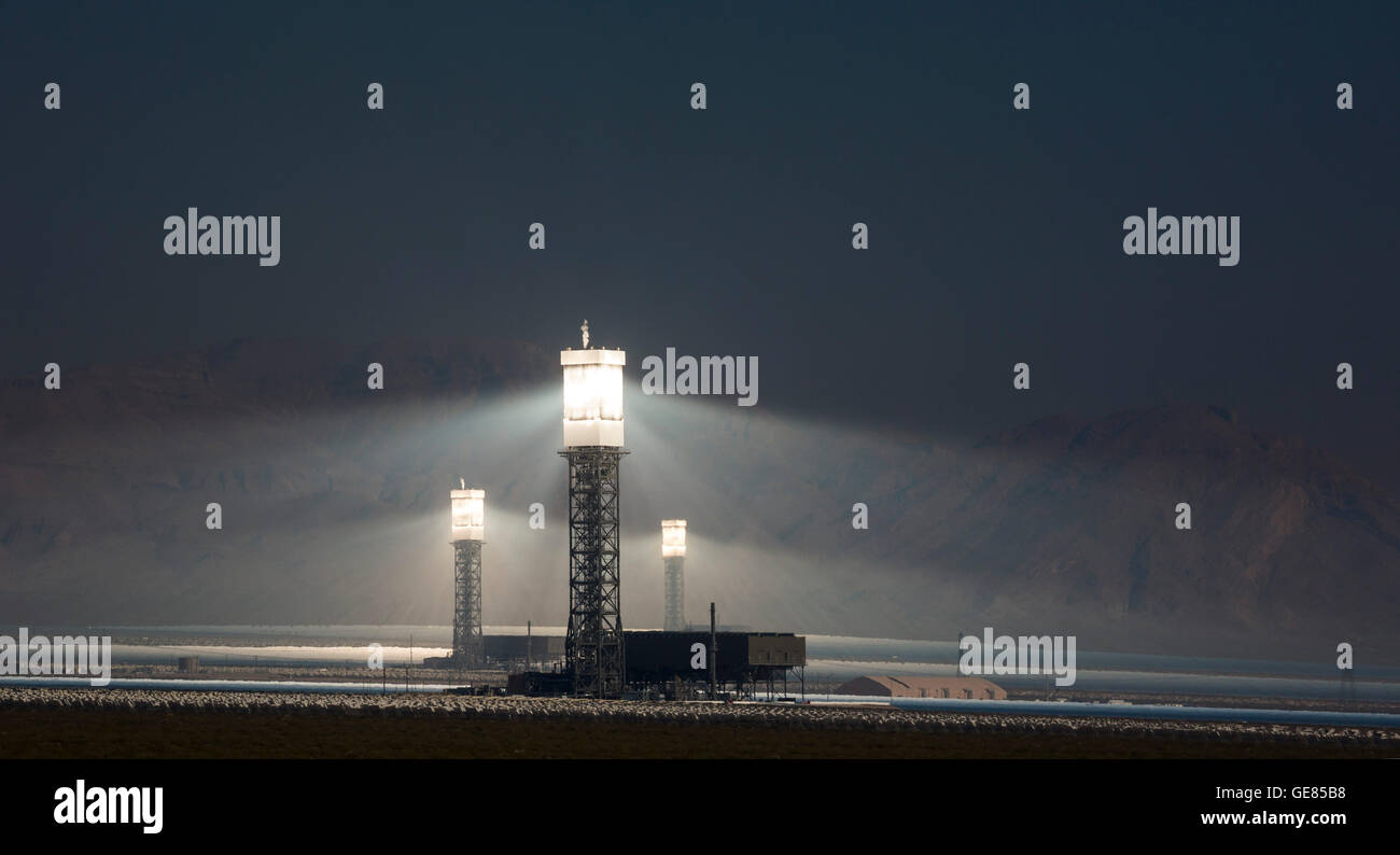 NRG Energy's Ivanpah Solar Project, a solar thermal electric generating facility in the Mojave Desert. Stock Photo
