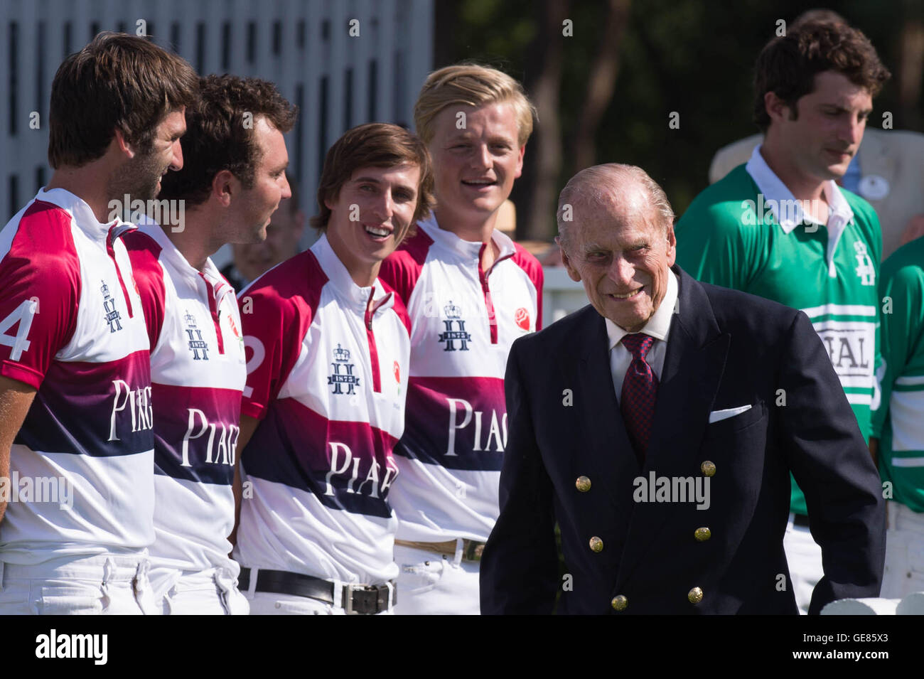 The Duke of Edinburgh arrives to present the trophy to the winners of the Royal Salute Coronation Cup at Guards Polo Club in Surrey, which was played between England and GT Bank Commonwealth. Stock Photo