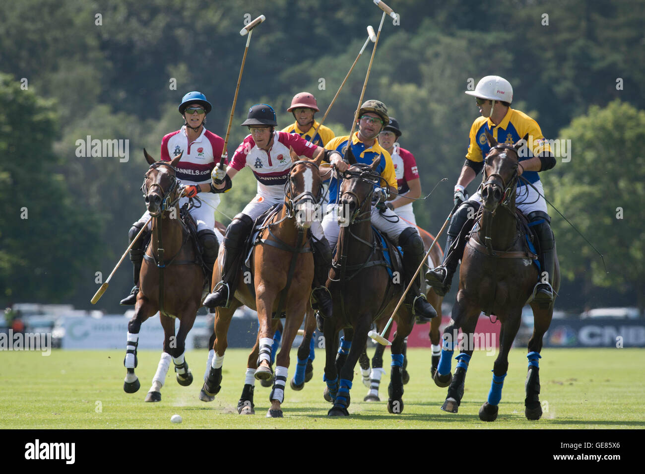 Action in the Royal Salute Coronation Cup between GT Bank Commonwealth and England at Guards Polo Club in Surrey. Stock Photo