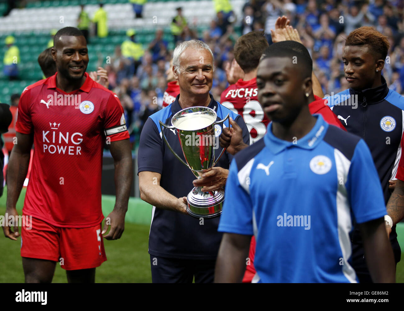 Leicester City manager Claudio Ranieri with the International Champions Cup trophy during the 2016 International Champions Cup match at Celtic Park, Glasgow. Stock Photo