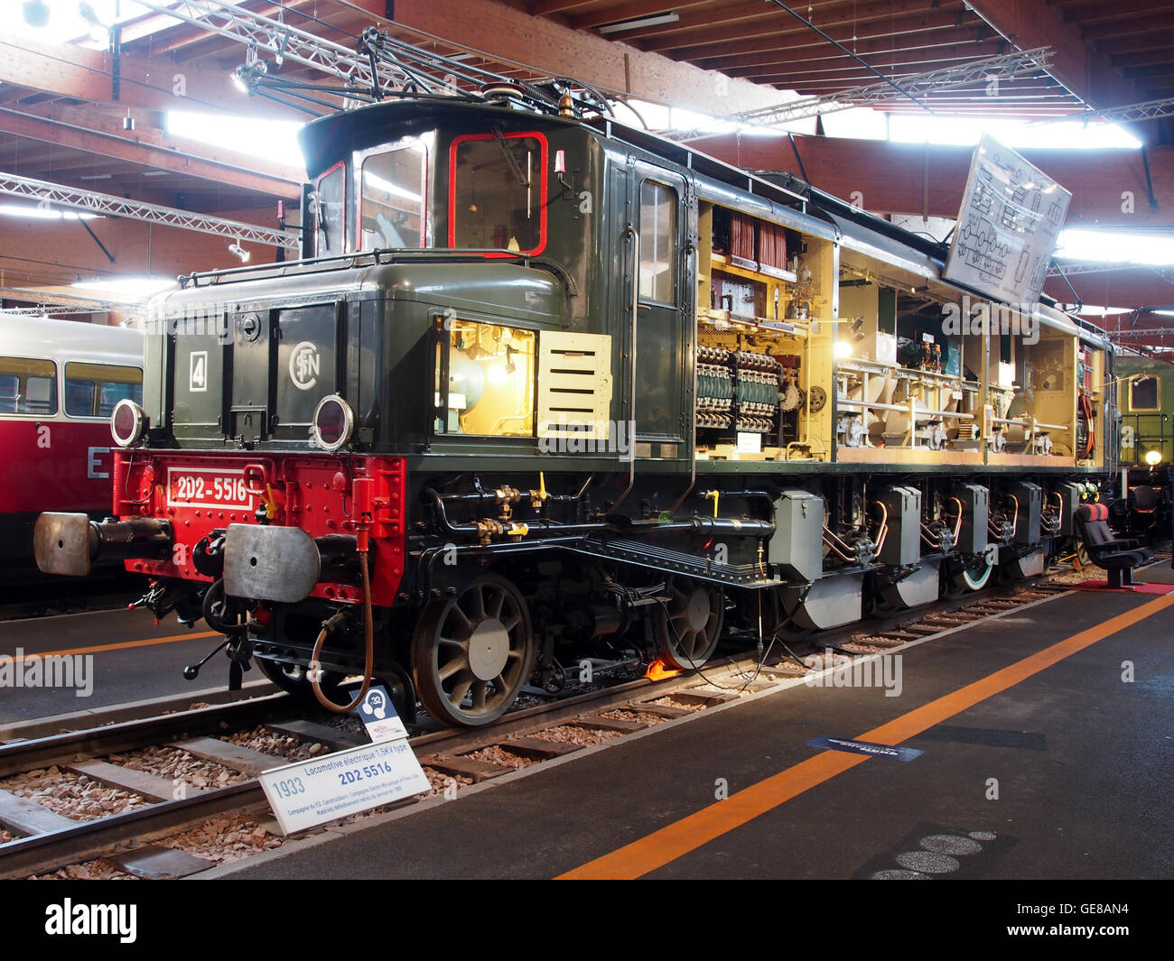 The 2D2 5516 is a French electric train, currently preserved at the Cité du Train museum in Mulhouse, France. This train, a significant part of French rail history, represents technological advancements in electric railway transport. Stock Photo