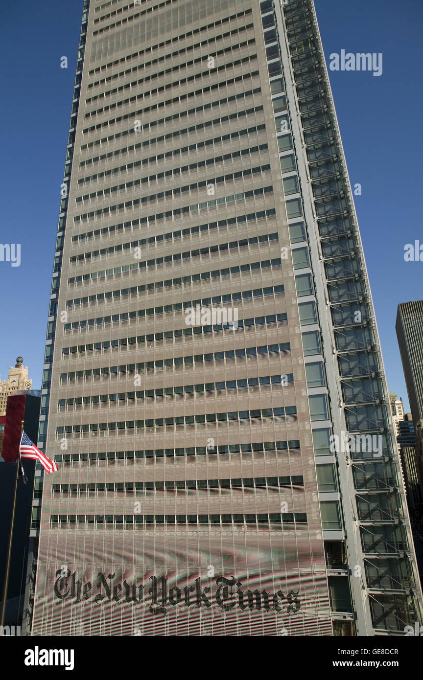 View of West side of The New York Times newspaper headquarters building from the rooftop of the Port Authority Bus Station in Ne Stock Photo