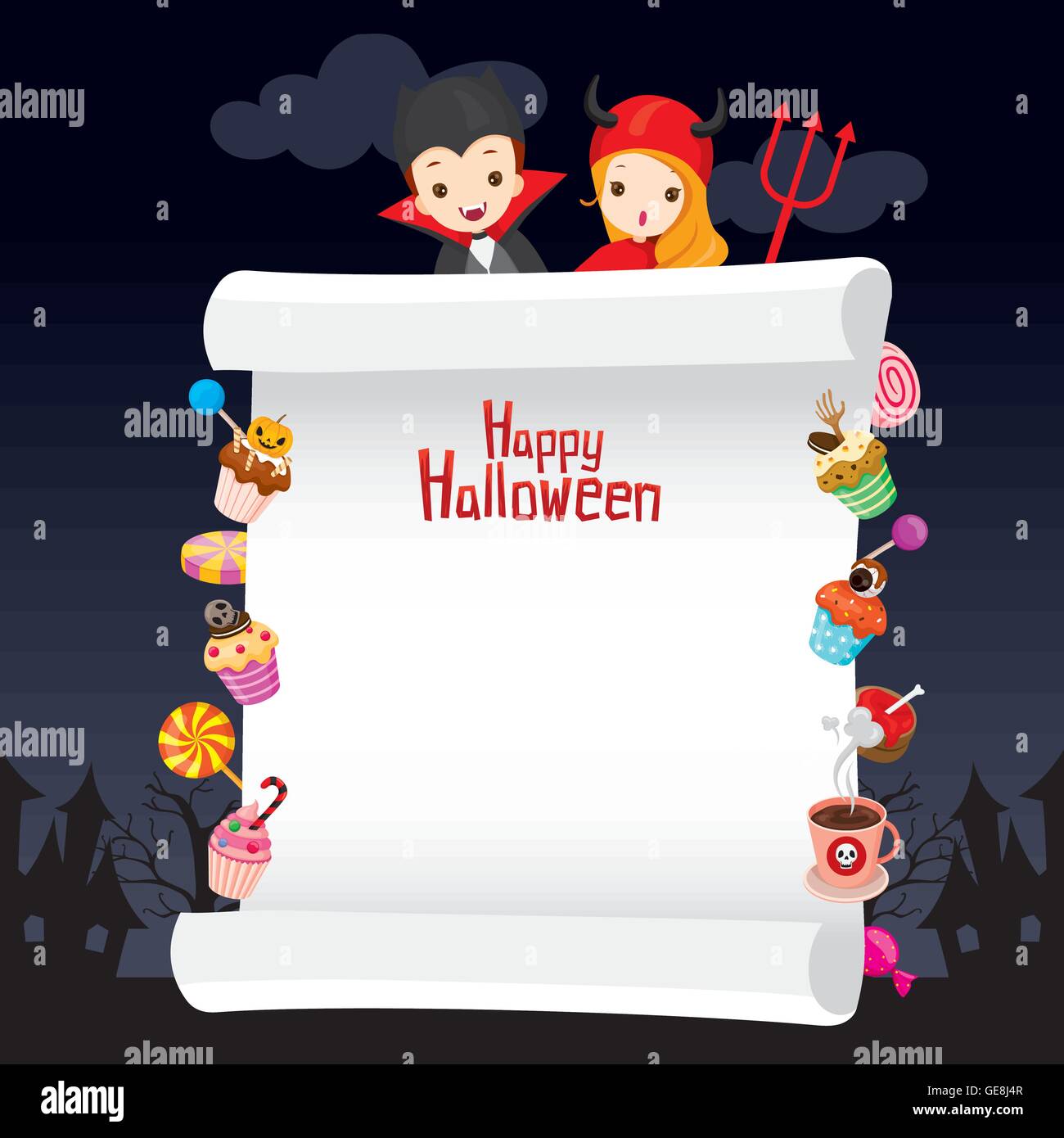 Children in Halloween Costume with Dessert on Banner, Holiday, Culture, Disguise, Ornate, Fantasy, Night Party Stock Vector
