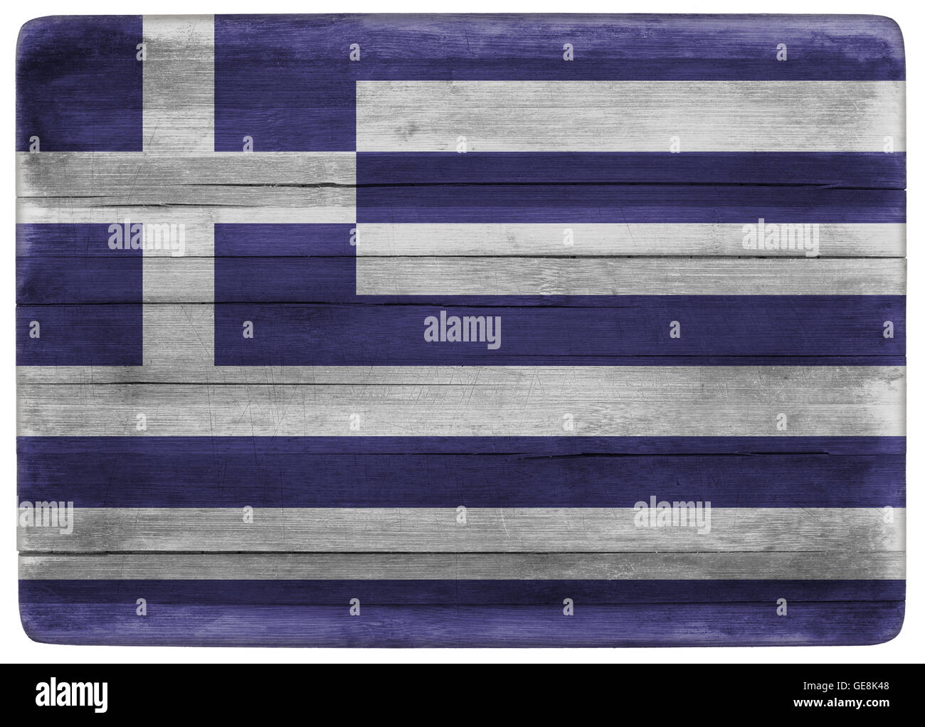 horizontal front view 3d illustration of an Greece flag on wooden cooking textured board Stock Photo