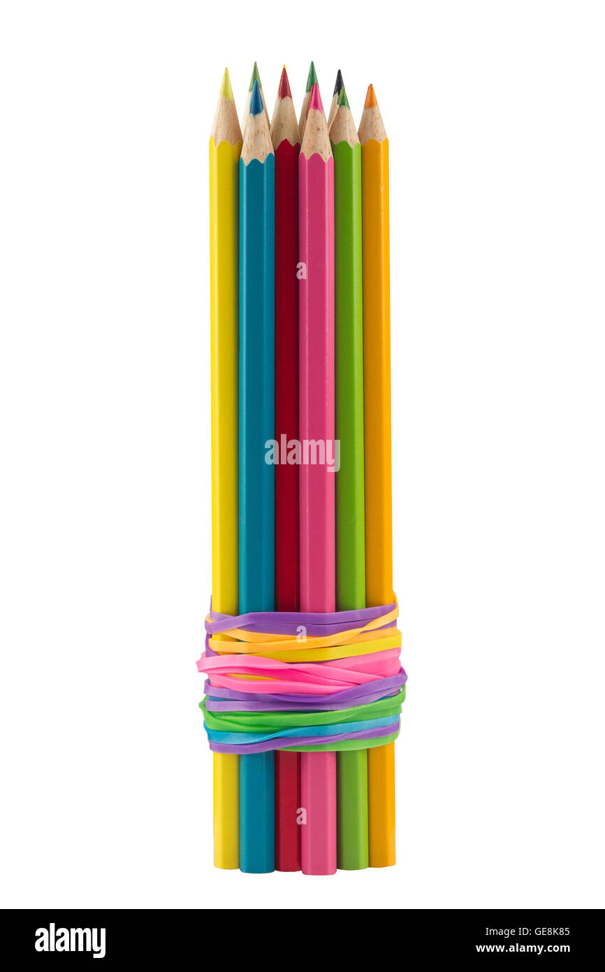 Horizontal shot of many colored pencils tied with colorful rubber ...