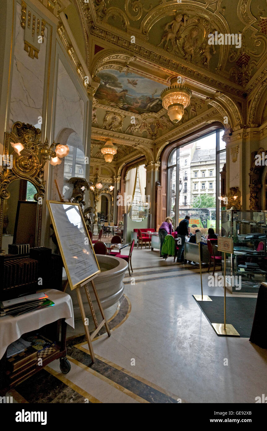 The interior of the New York Cafe with its old fashion charm is part of the  Boscolo Budapest Hotel, a luxury 5-star hotel, form Stock Photo