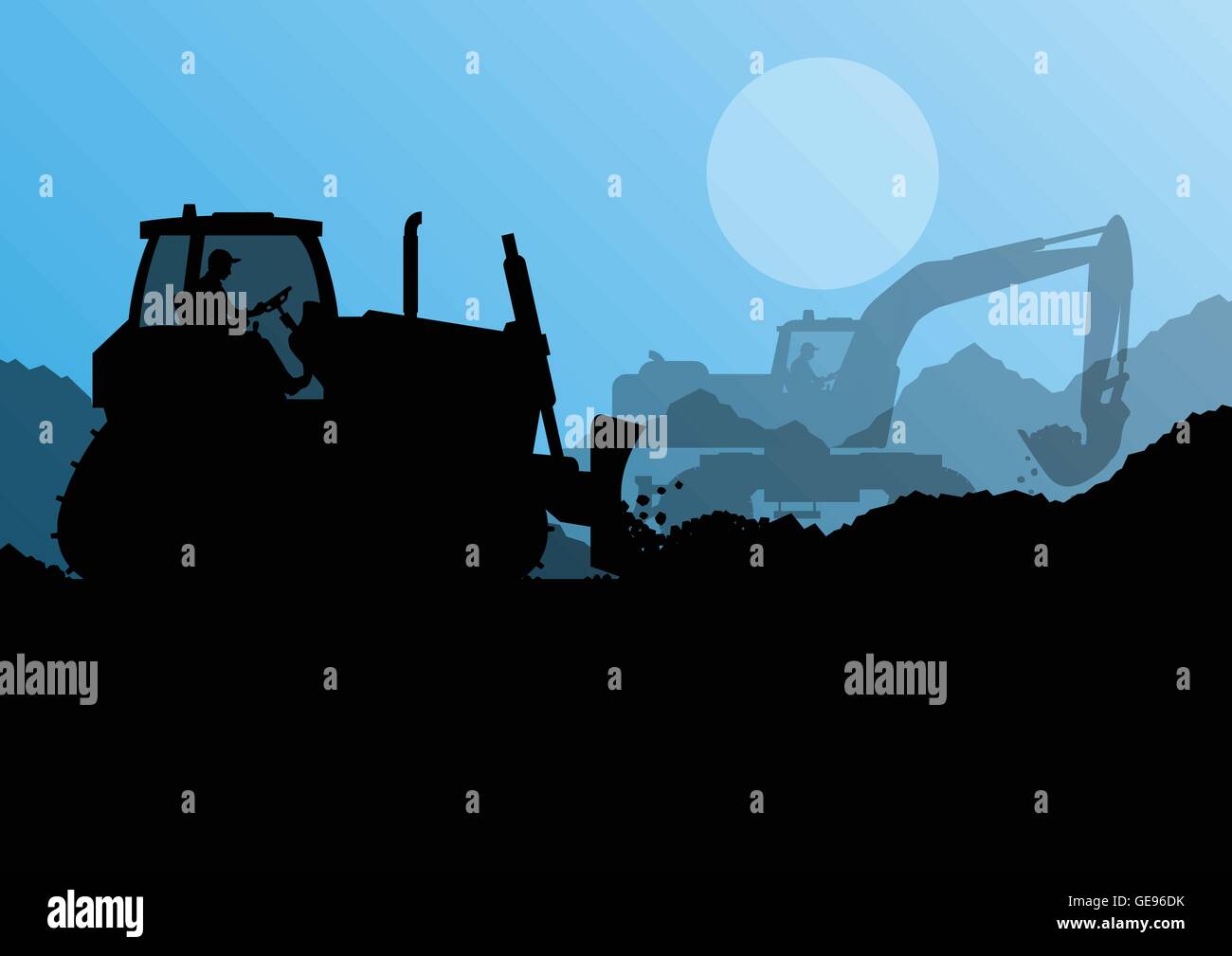 Bulldozer and excavator loader at industrial construction site vector background illustration Stock Vector