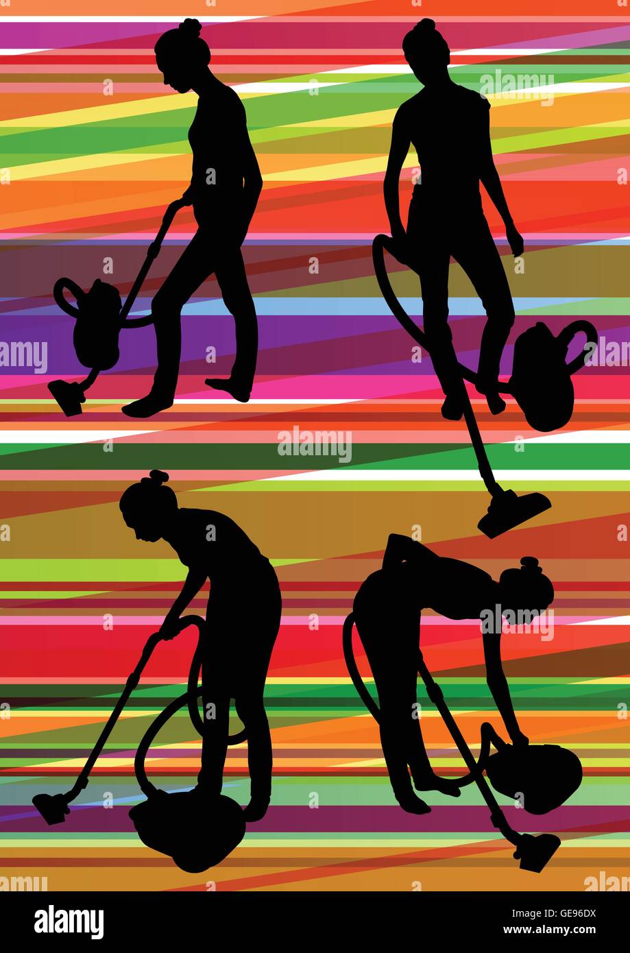 Woman maid with vacuum cleaner and carpet sweeper cleaning rug floor in ...