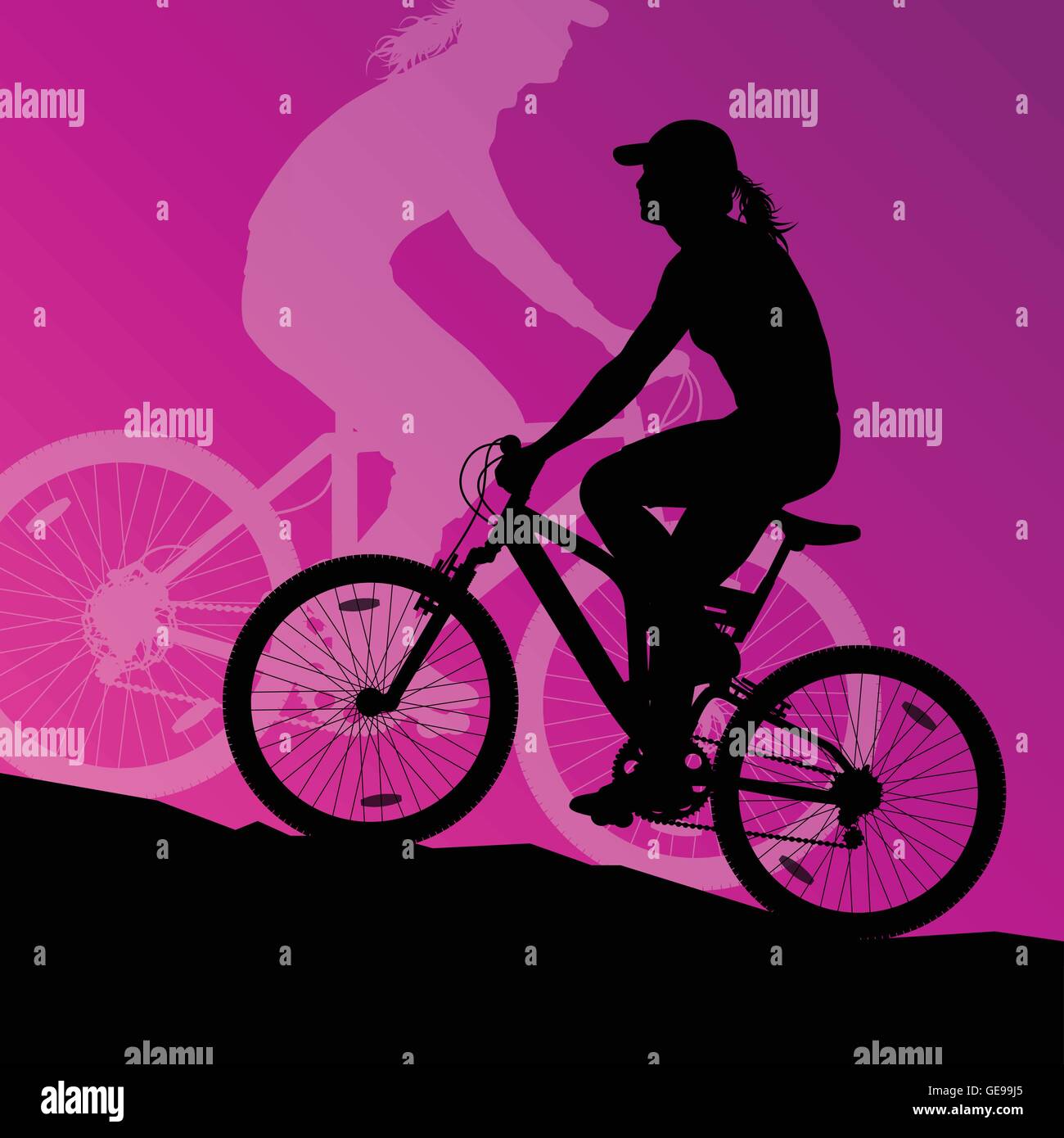 Active woman cyclists bicycle riders in landscape background